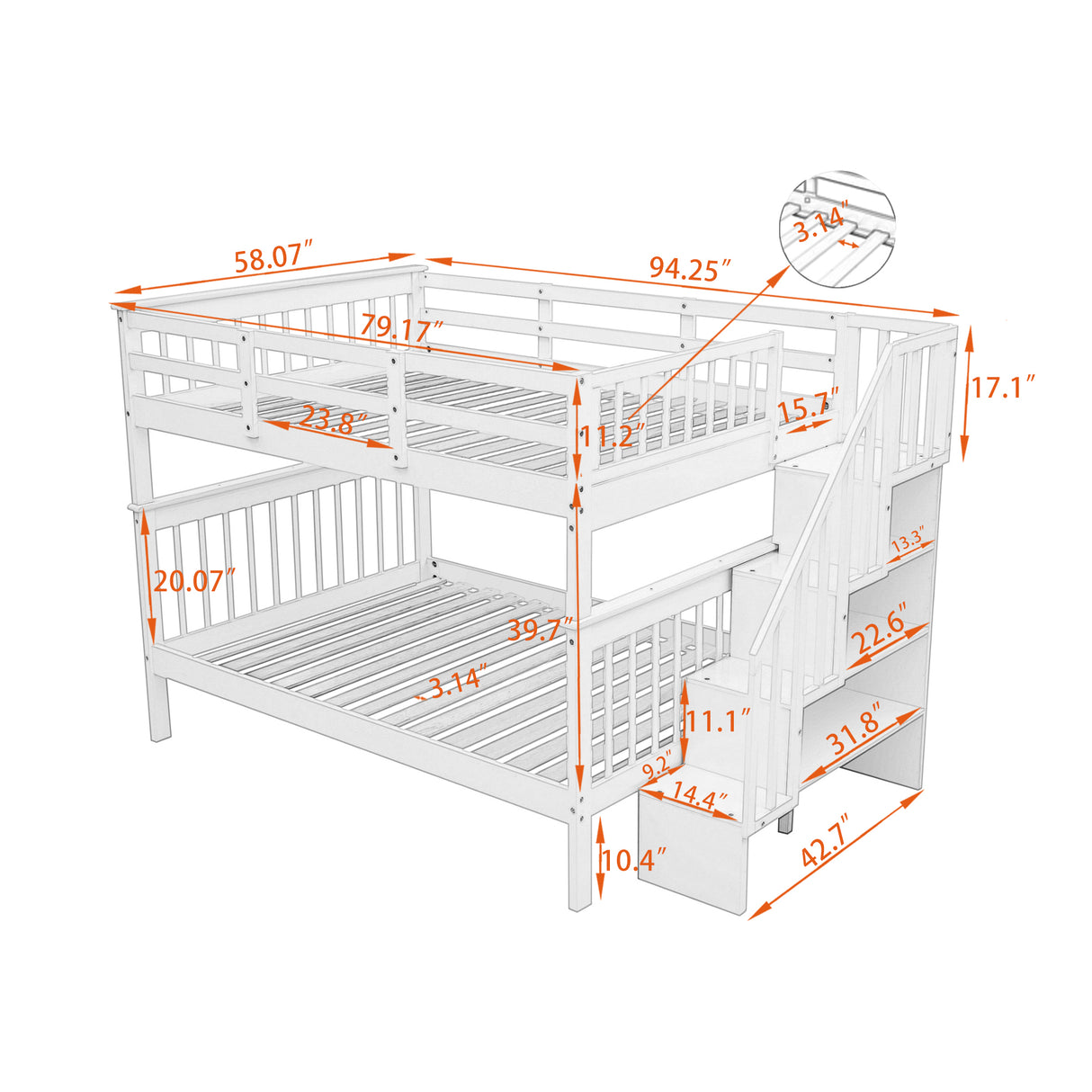 Stairway Full-Over-Full Bunk Bed with Storage and Guard Rail for Bedroom, Dorm, White color(OLD SKU :LP001110AAK) - Home Elegance USA