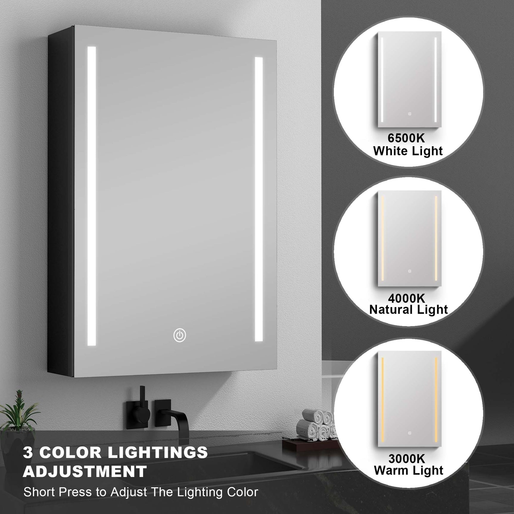 60x30 Inch LED Bathroom Medicine Cabinet Surface Mount Double Door Lighted Medicine Cabinet, Medicine Cabinets for Bathroom with Mirror Defogging, Dimmer Black - W995S00044 - image - 5