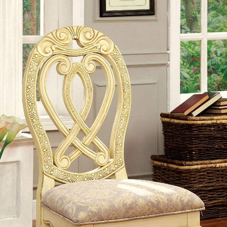 Formal Majestic Traditional Dining Chairs Vintage White Solid wood Fabric Seat Intricate Carved Details Set of 2 Side Chairs - Home Elegance USA