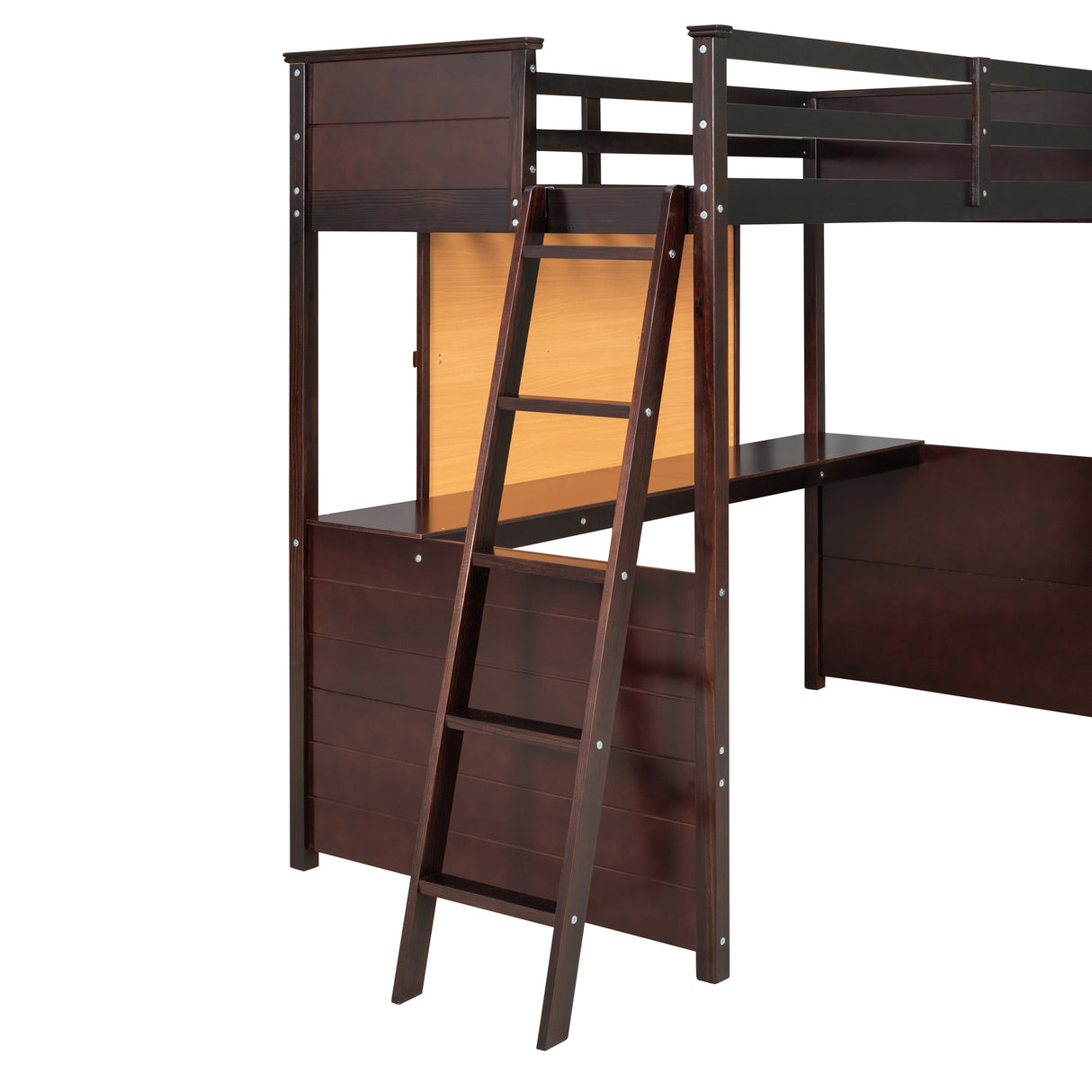 Twin size Loft Bed with Desk and Writing Board, Wooden Loft Bed with Desk - Espresso - Home Elegance USA