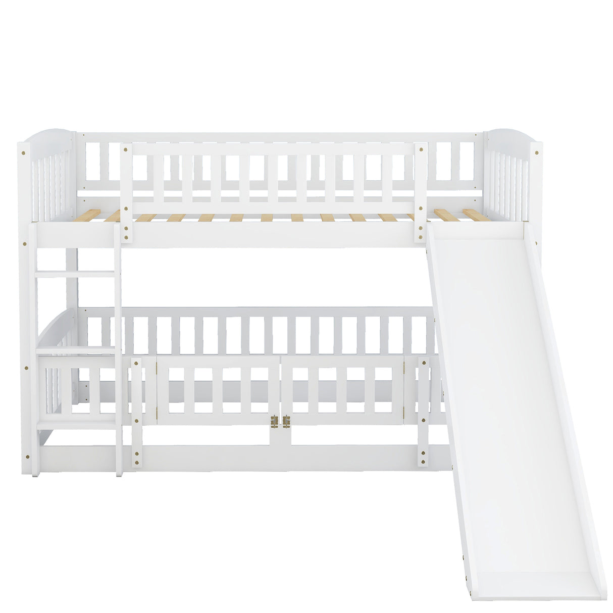 Bunk Bed with Slide,Twin Over Twin Low Bunk Bed with Fence and Ladder for Toddler Kids Teens White - Home Elegance USA