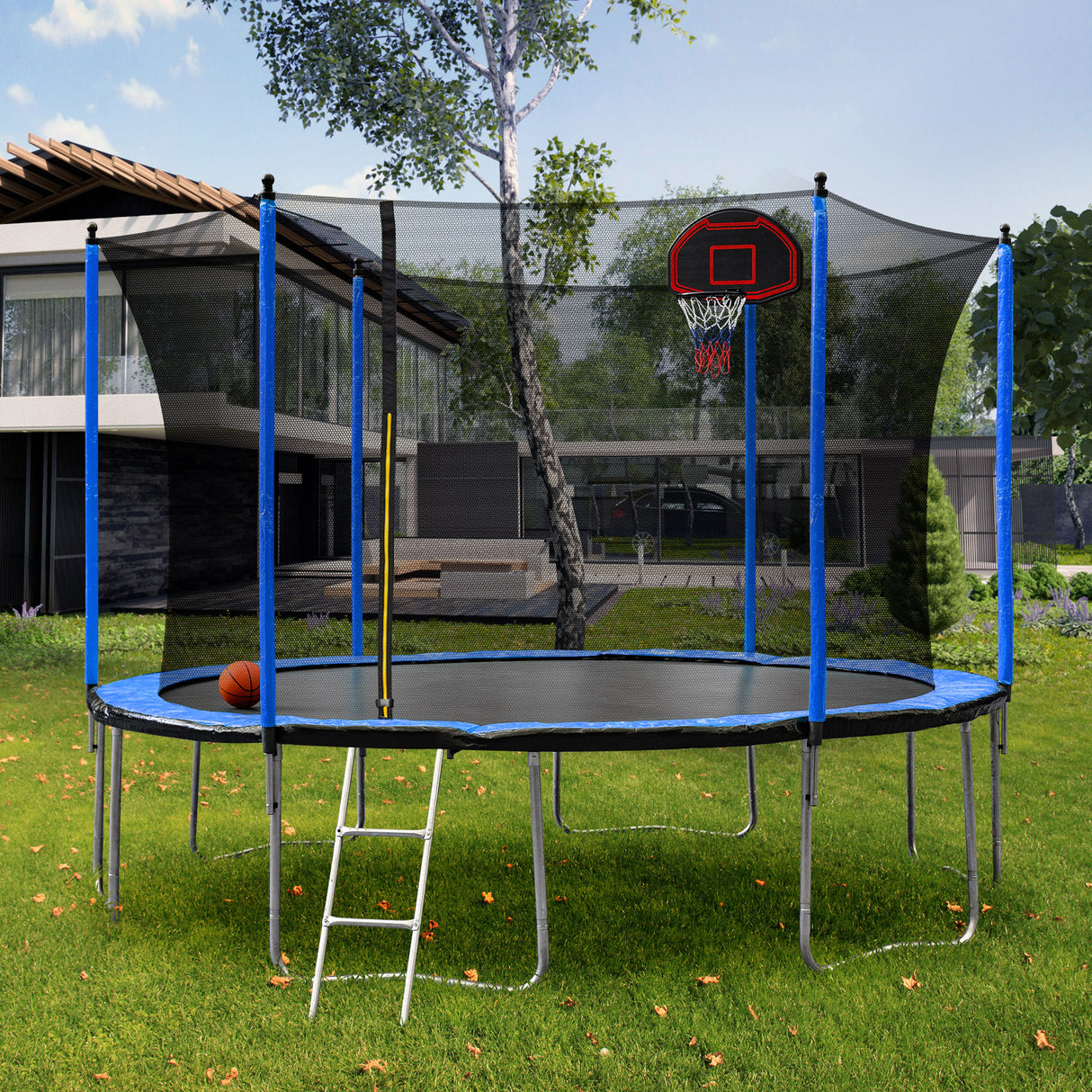 15FT Trampoline with Basketball Hoop Inflator and Ladder(Inner Safety Enclosure) Blue - W550S00009 - image - 11