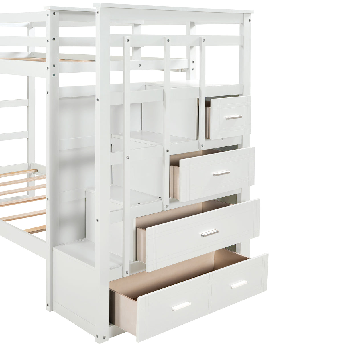 Solid Wood Bunk Bed, Hardwood Twin Over Twin Bunk Bed with Trundle and Staircase, Natural White Finish(OLD SKU :LP000068AAP) - Home Elegance USA