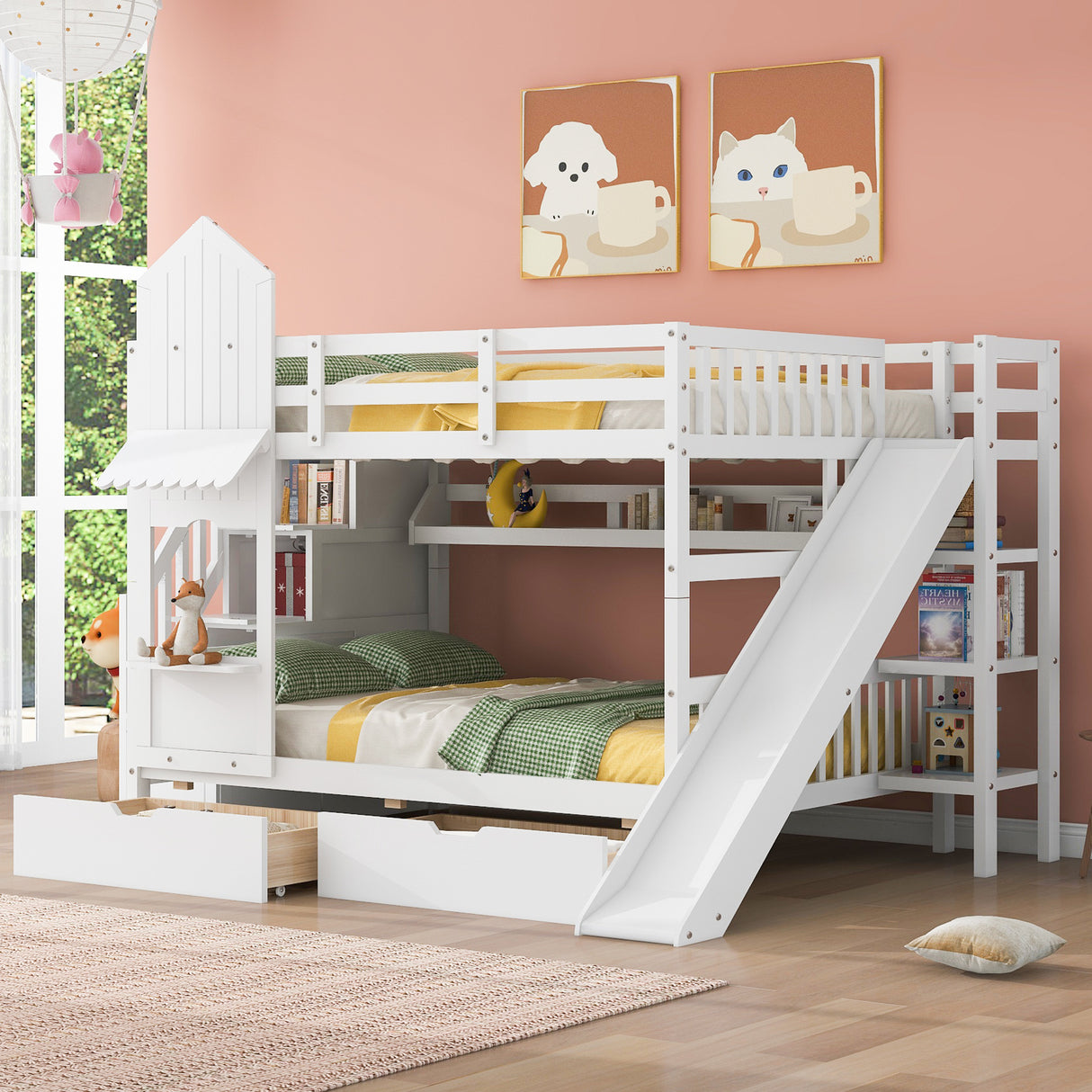 Full-Over-Full Castle Style Bunk Bed with 2 Drawers 3 Shelves and Slide - White - Home Elegance USA