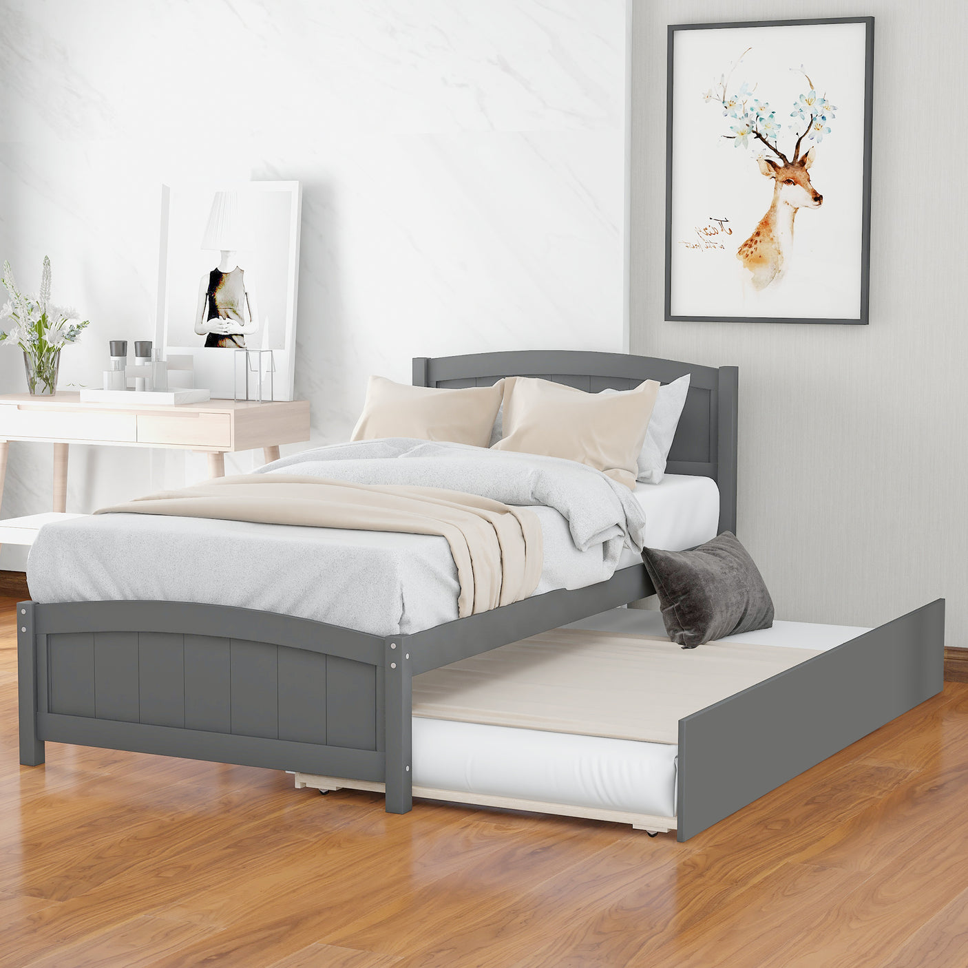 Twin size Platform Bed with Trundle, Gray - Home Elegance USA