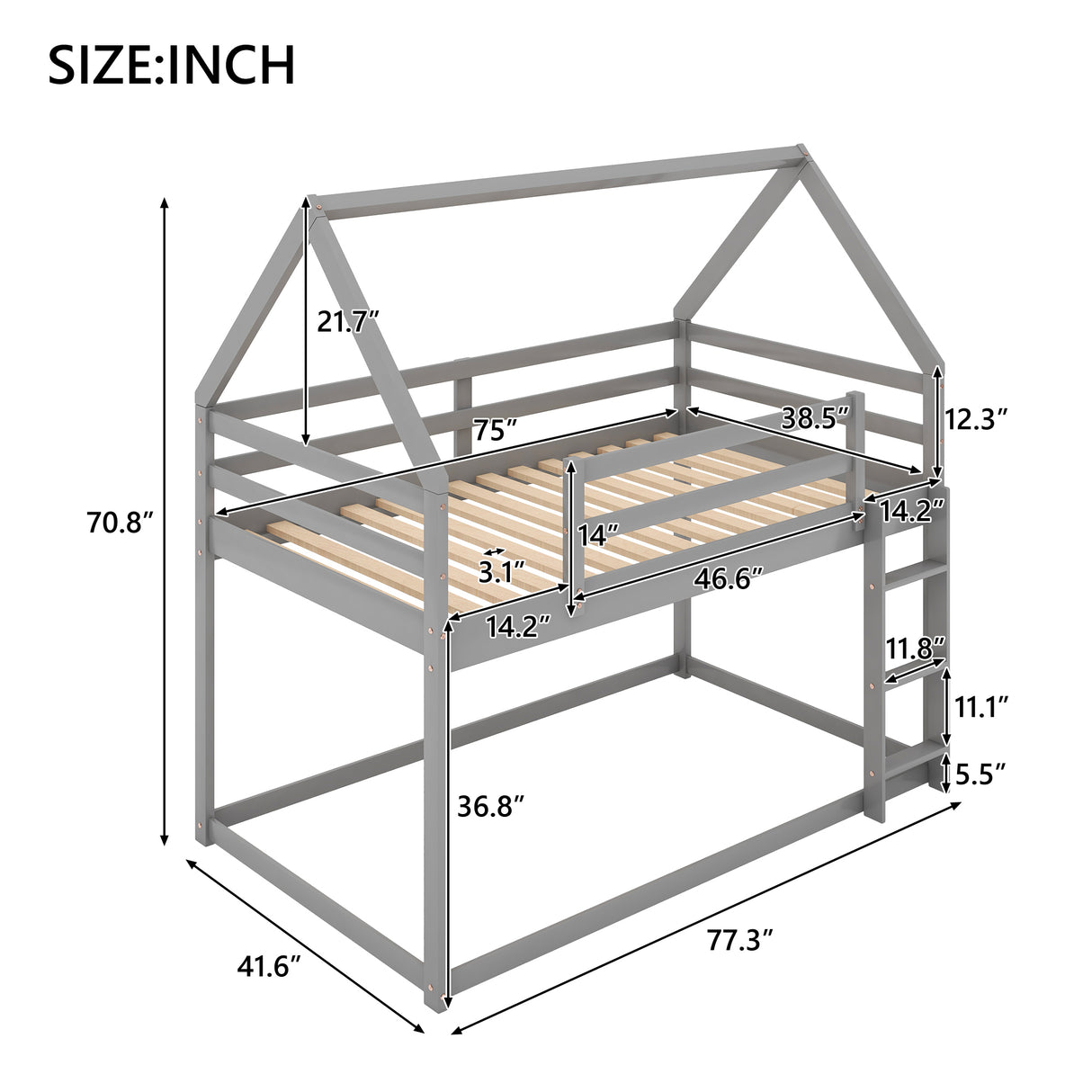 Twin over Twin Low Bunk Bed, House Bed with Ladder , Gray(OLD SKU:WF197808AAE) - Home Elegance USA