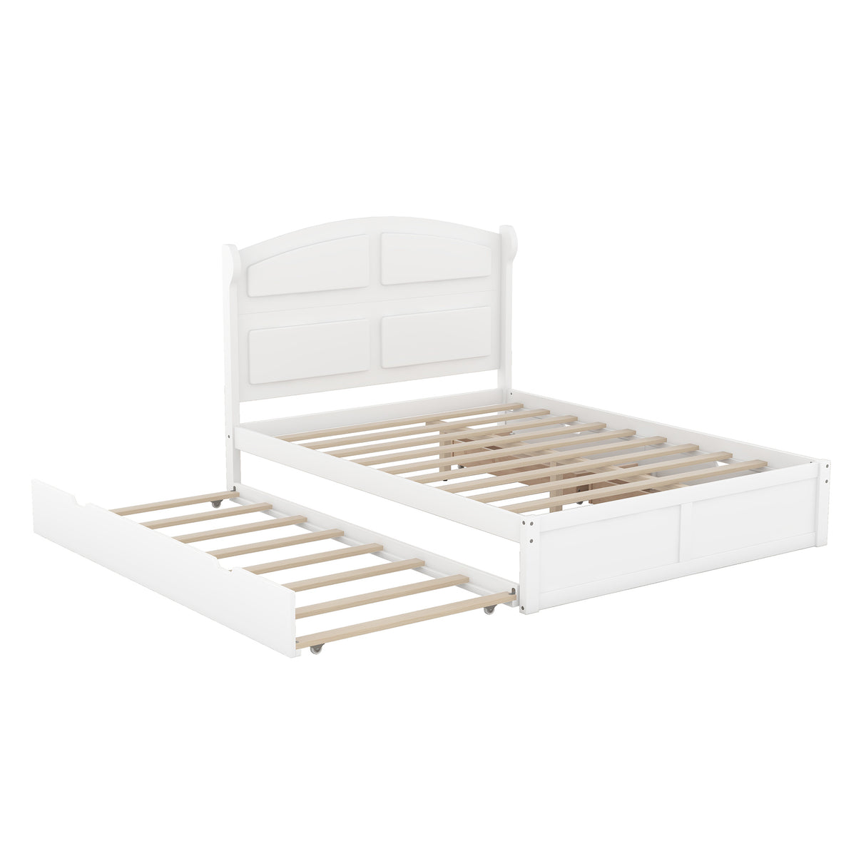 Wood Queen Size Platform Bed with Twin Size Trundle and 2 Drawers, White(Expected Arrival Time: 9.2)