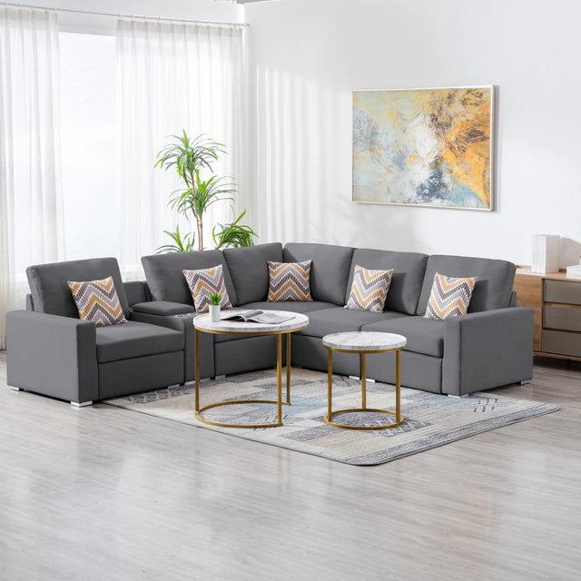 Nolan Gray Linen Fabric 6Pc Reversible Sectional Sofa with a USB, Charging Ports, Cupholders, Storage Console Table and Pillows and Interchangeable Legs - Home Elegance USA