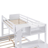 Wood Twin over Full Bunk Bed with Drawers, Shelves, Cabinets, L-shaped Desk and Magazine Holder, White - Home Elegance USA