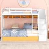 Twin Over Twin Bunk Bed with Trundle ,Stairs,Ladders Solid Wood Bunk bed with Storage Cabinet （White + Yellow） - Home Elegance USA