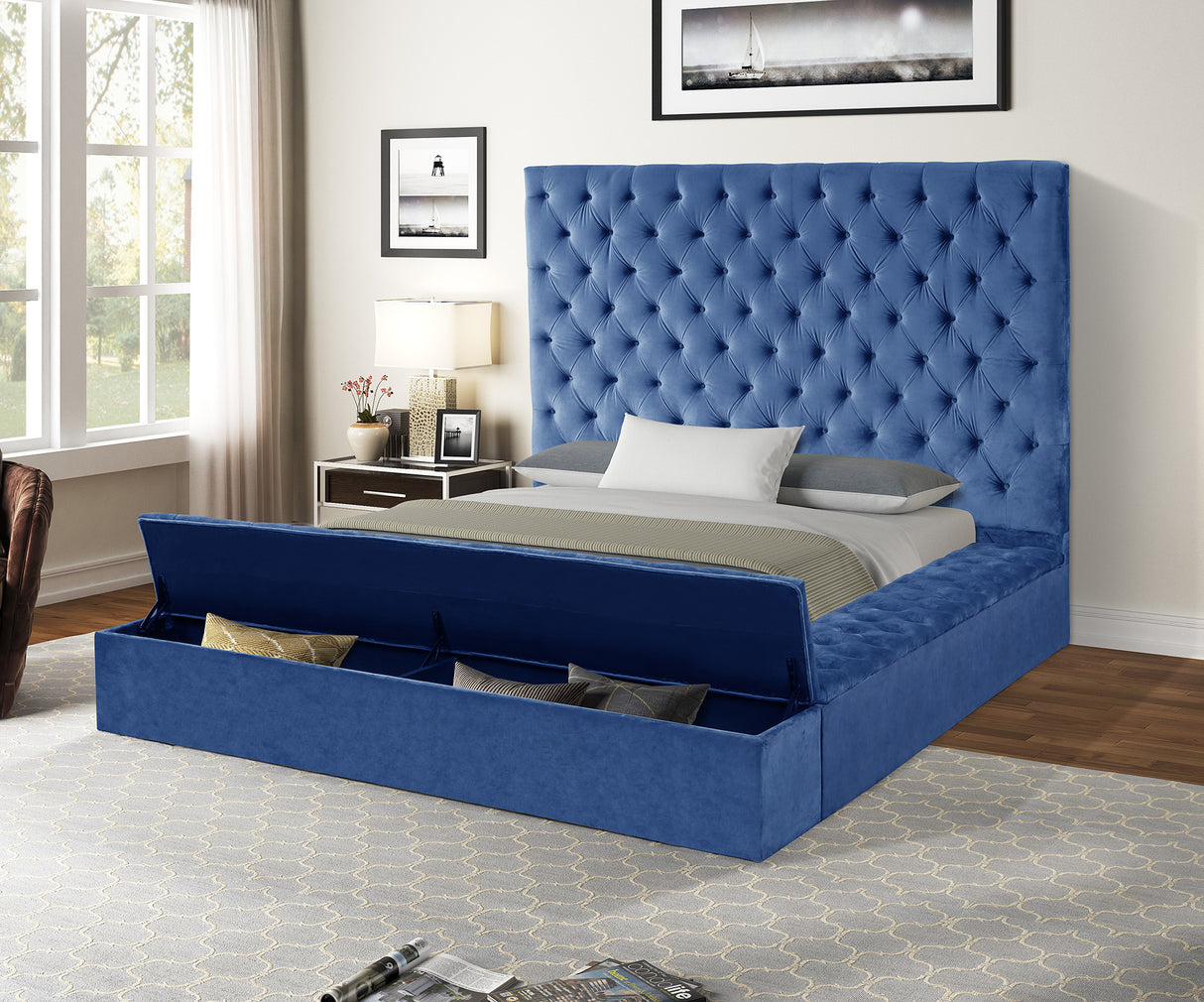 Nora Full Size Tufted Upholstery Storage Bed made with Wood in Blue - Home Elegance USA