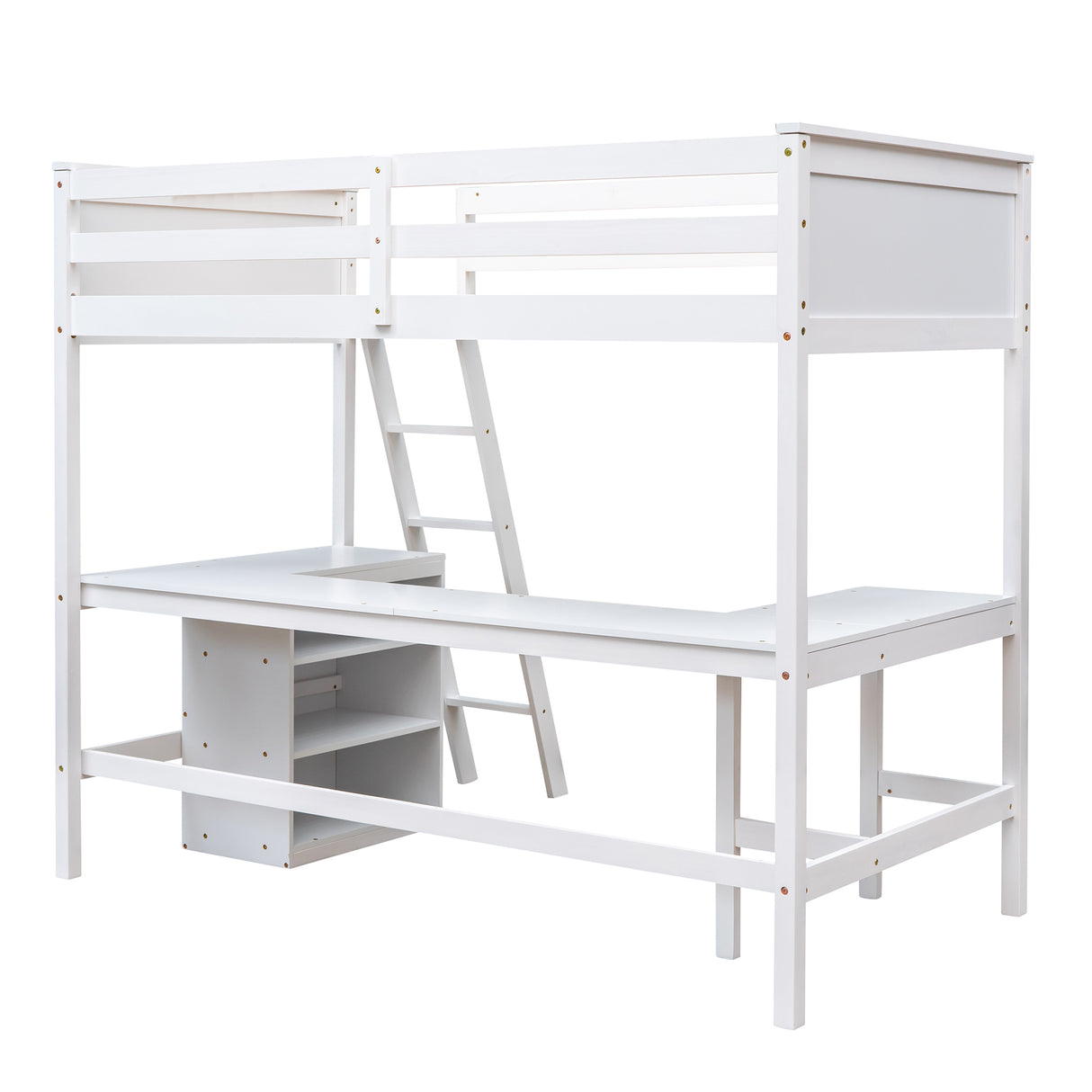 Twin size Loft Bed with Shelves and Desk, Wooden Loft Bed with Desk - White(OLD SKU:LT000537AAK) - Home Elegance USA