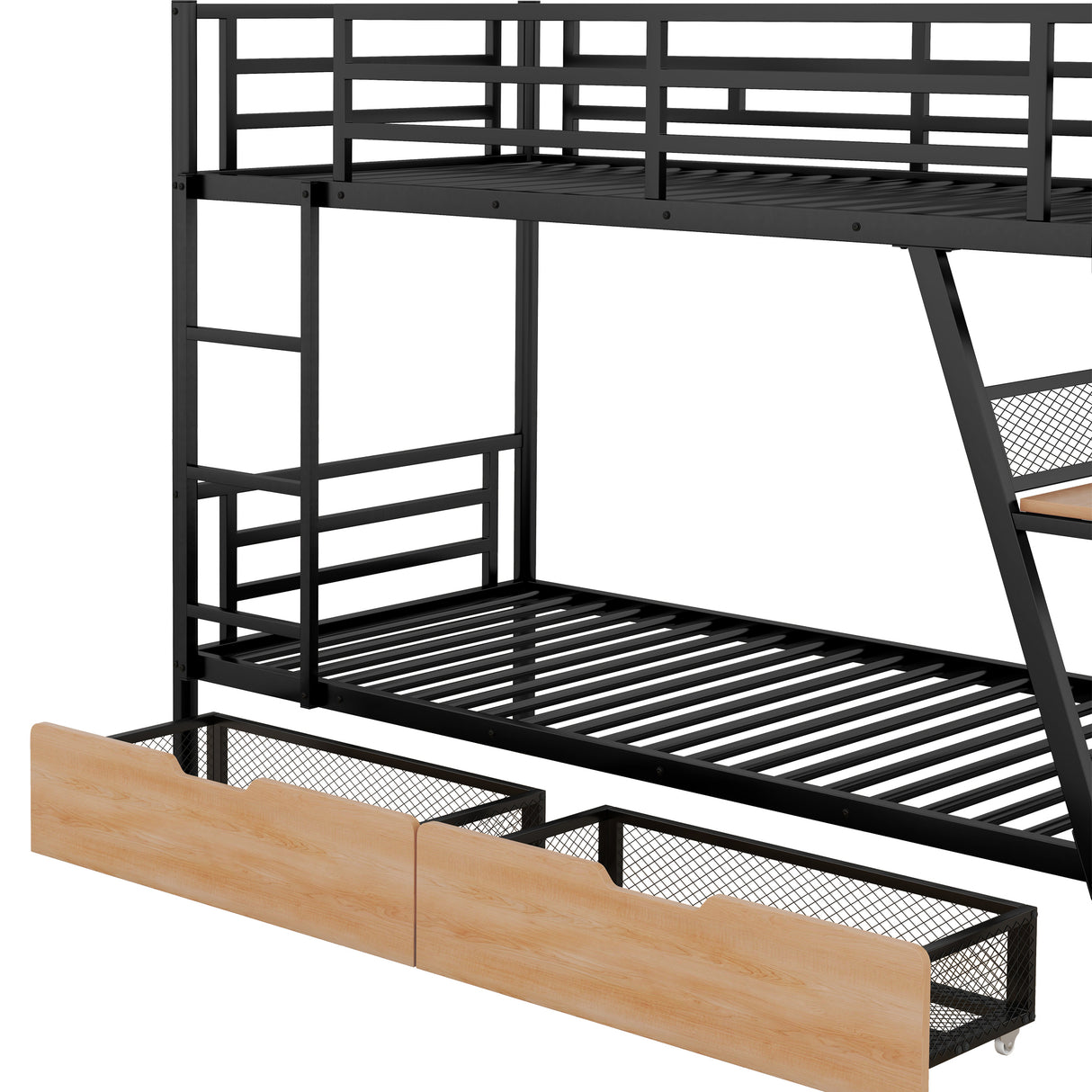 Twin Size Metal Bunk Bed with Built-in Desk, Light and 2 Drawers, Black(Expected Arrival Time: 9.18)