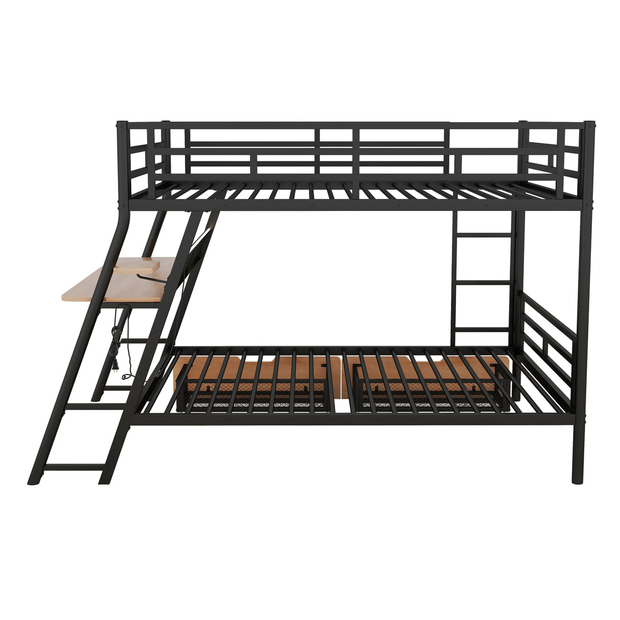 Full Size Metal Bunk Bed with Built-in Desk, Light and 2 Drawers, Black(Expected Arrival Time: 9.18)