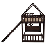 Twin over Twin House Bunk Bed with Slide and Storage Staircase,Espresso - Home Elegance USA