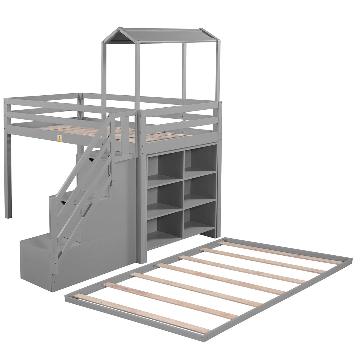 Twin over Full House Roof Bunk Bed with Staircase and Shelves, Gray - Home Elegance USA