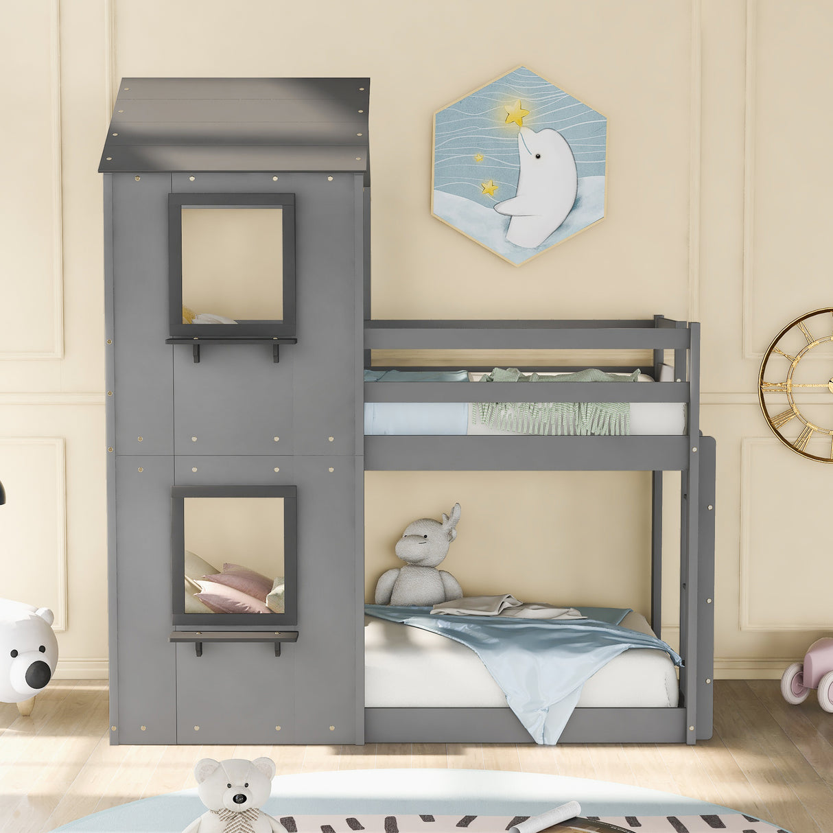 Twin Over Twin Bunk Bed Wood Bed with Roof, Window, Guardrail, Ladder (Gray) - Home Elegance USA