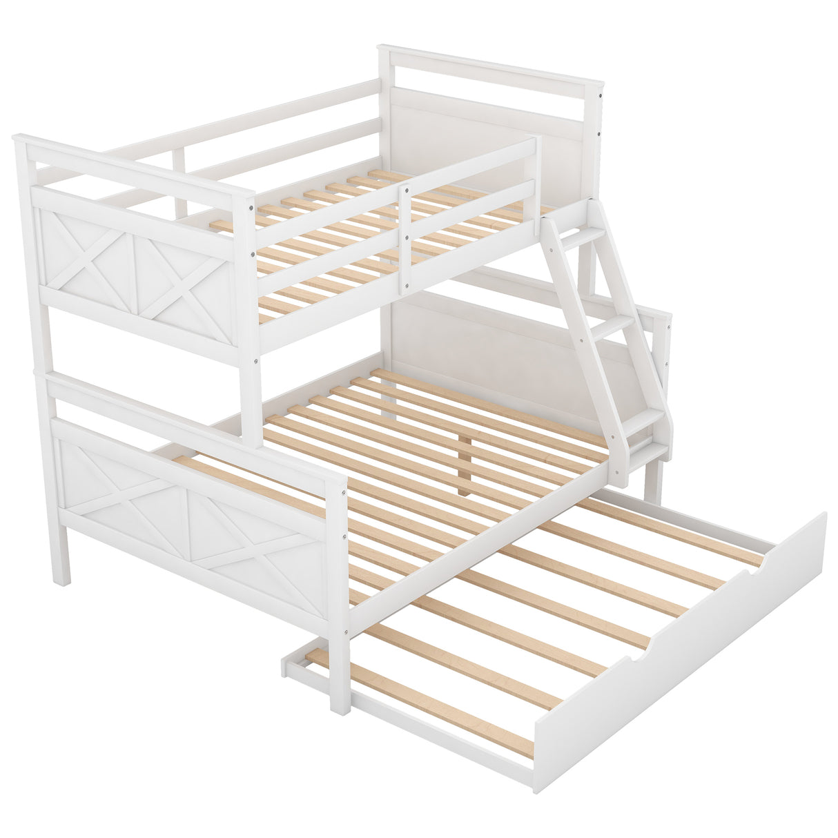 Twin over Full Bunk Bed with Ladder, Twin Size Trundle, Safety Guardrail, White - Home Elegance USA