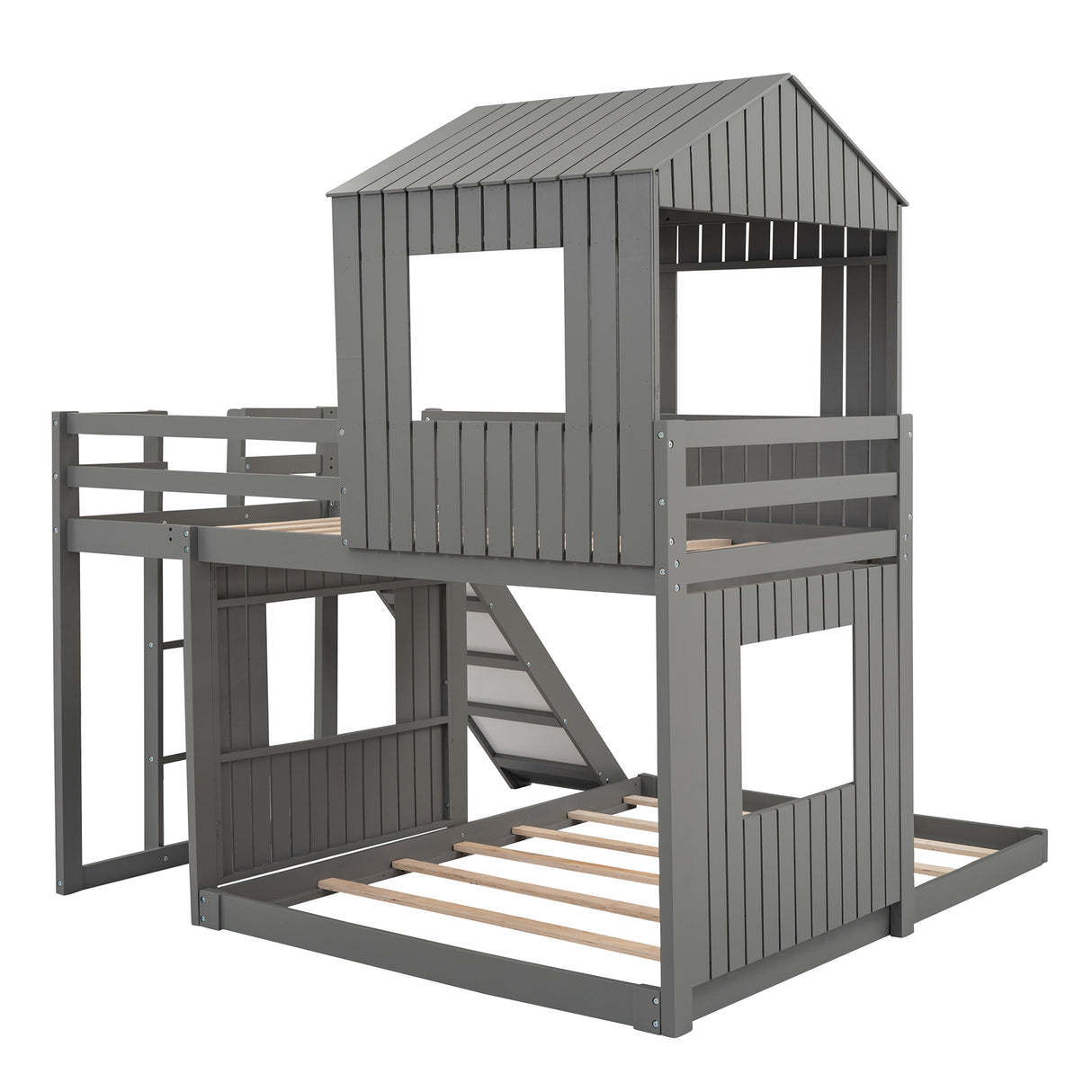 Wooden Twin Over Full Bunk Bed, Loft Bed with Playhouse, Farmhouse, Ladder, Slide and Guardrails, Gray(OLD SKU :LT000028AAN) Home Elegance USA