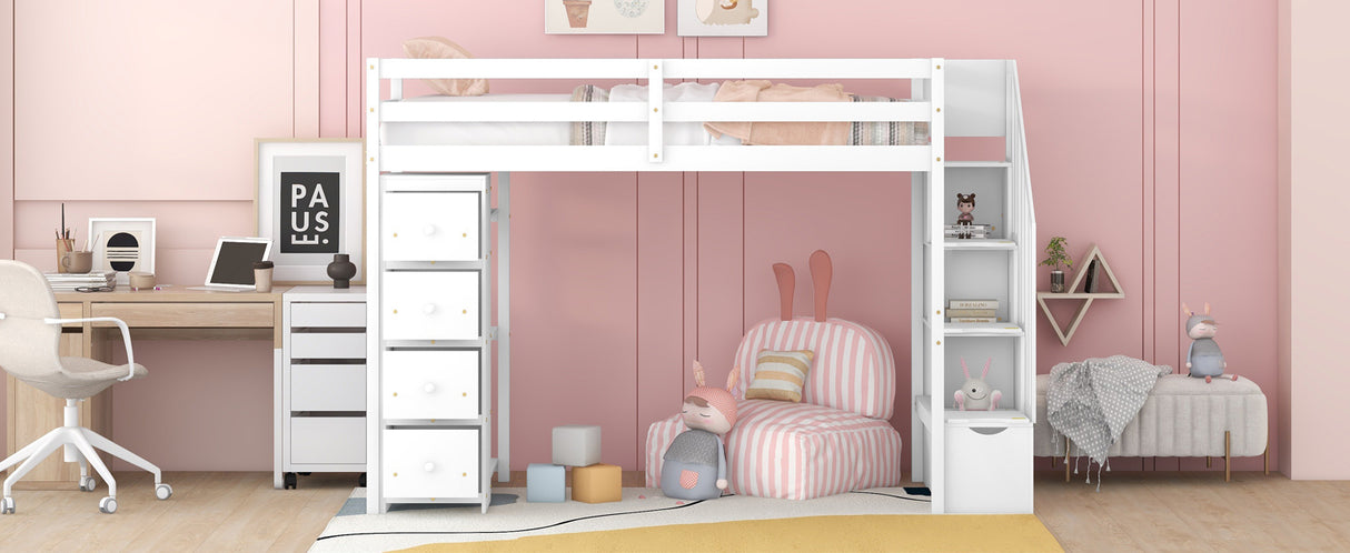 Twin size Loft Bed with Storage Drawers and Stairs, Wooden Loft Bed with Shelves - White - Home Elegance USA