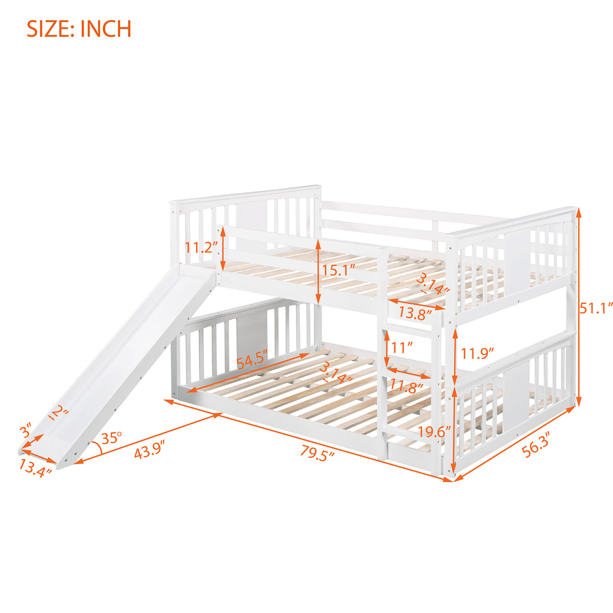 Full Over Full Bunk Bed with Ladder with Slide, White (Old SKU :LP000208AAK) - Home Elegance USA