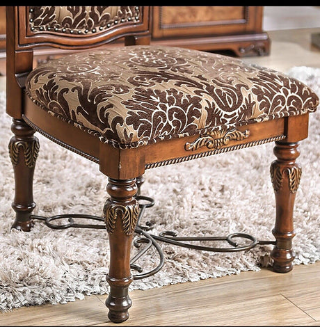 Traditional Fancy Set of 2pcs Side Chairs Brown Cherry Solid wood Intricate Carved Details Floral Design Print Fabric Seats Formal Dining Room Furniture - Home Elegance USA