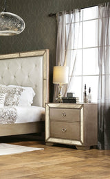 Glam Champagne Gray Finish 1pc Nightstand Antique Mirror Panels Ring Pull Handles Bedroom Furniture - Home Elegance USA