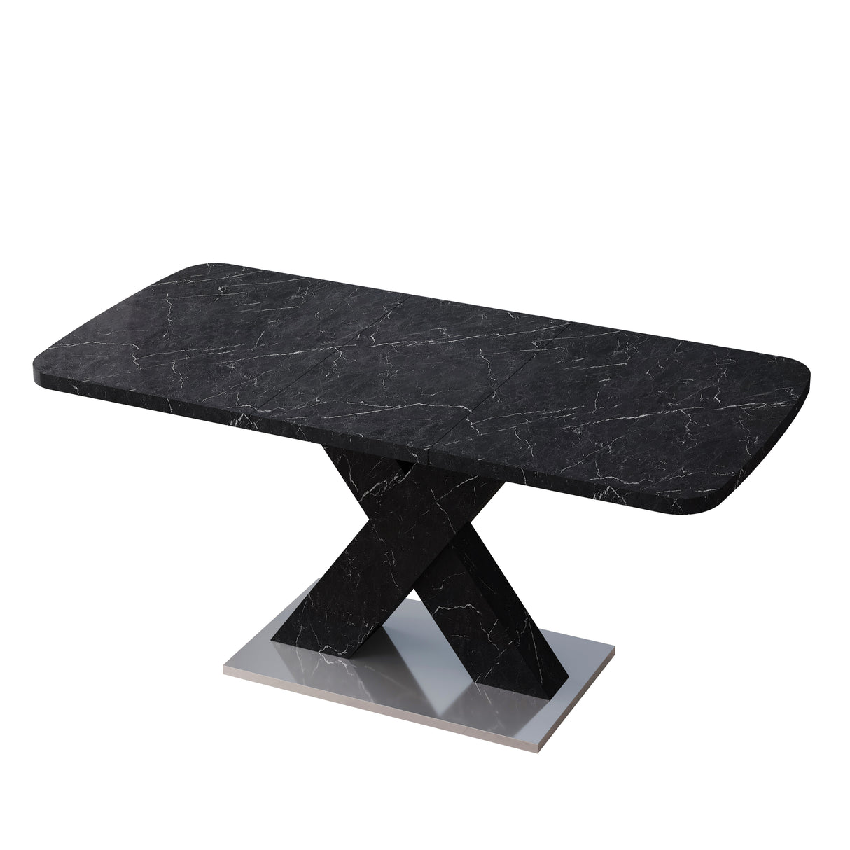 Modern Square Dining Table,Stretchable,Printed Black Marble Table Top+MDF X-Shape Table Leg with Metal Base - Home Elegance USA