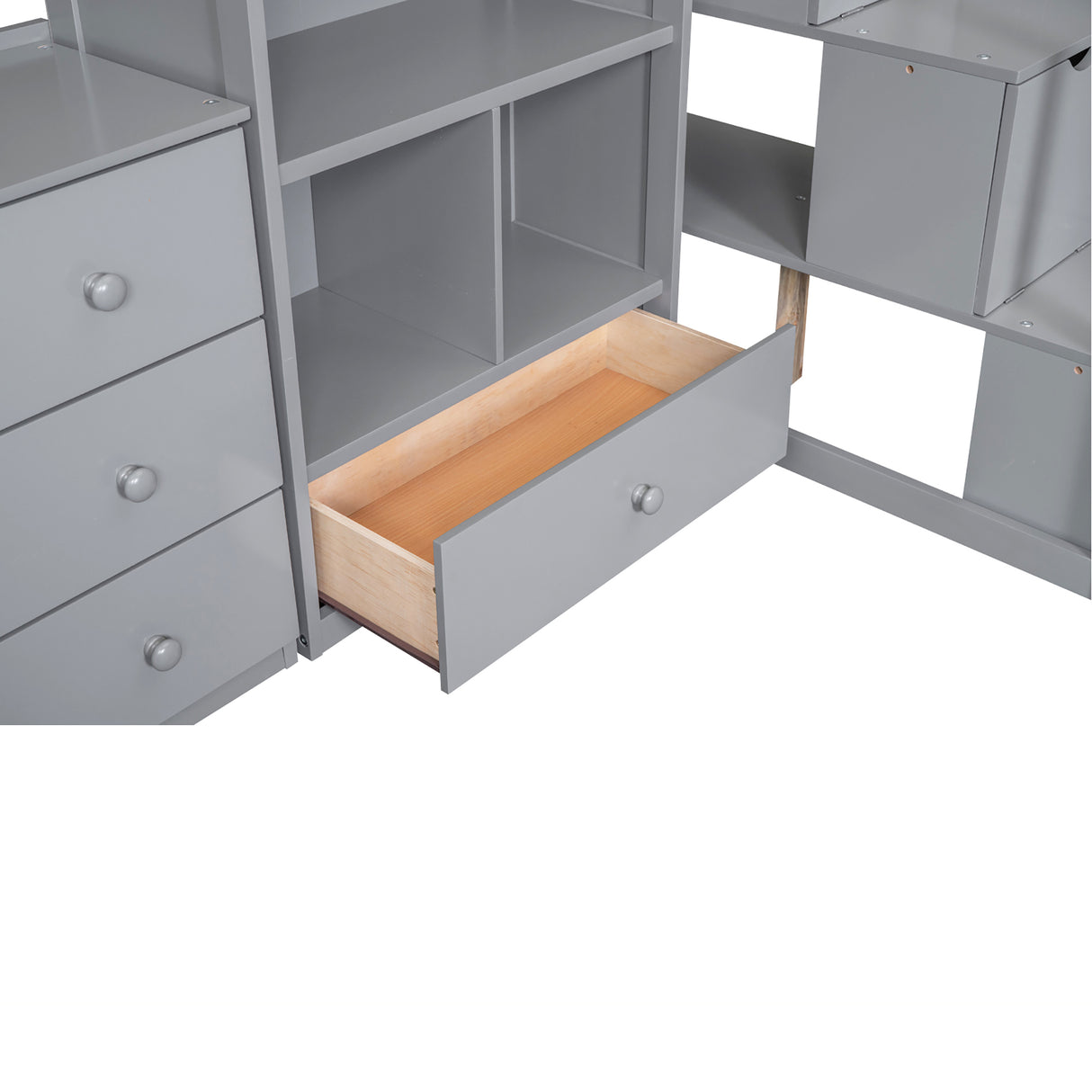 Twin Size Loft Bed with L-Shaped Desk and Drawers, Cabinet and Storage Staircase, Gray - Home Elegance USA