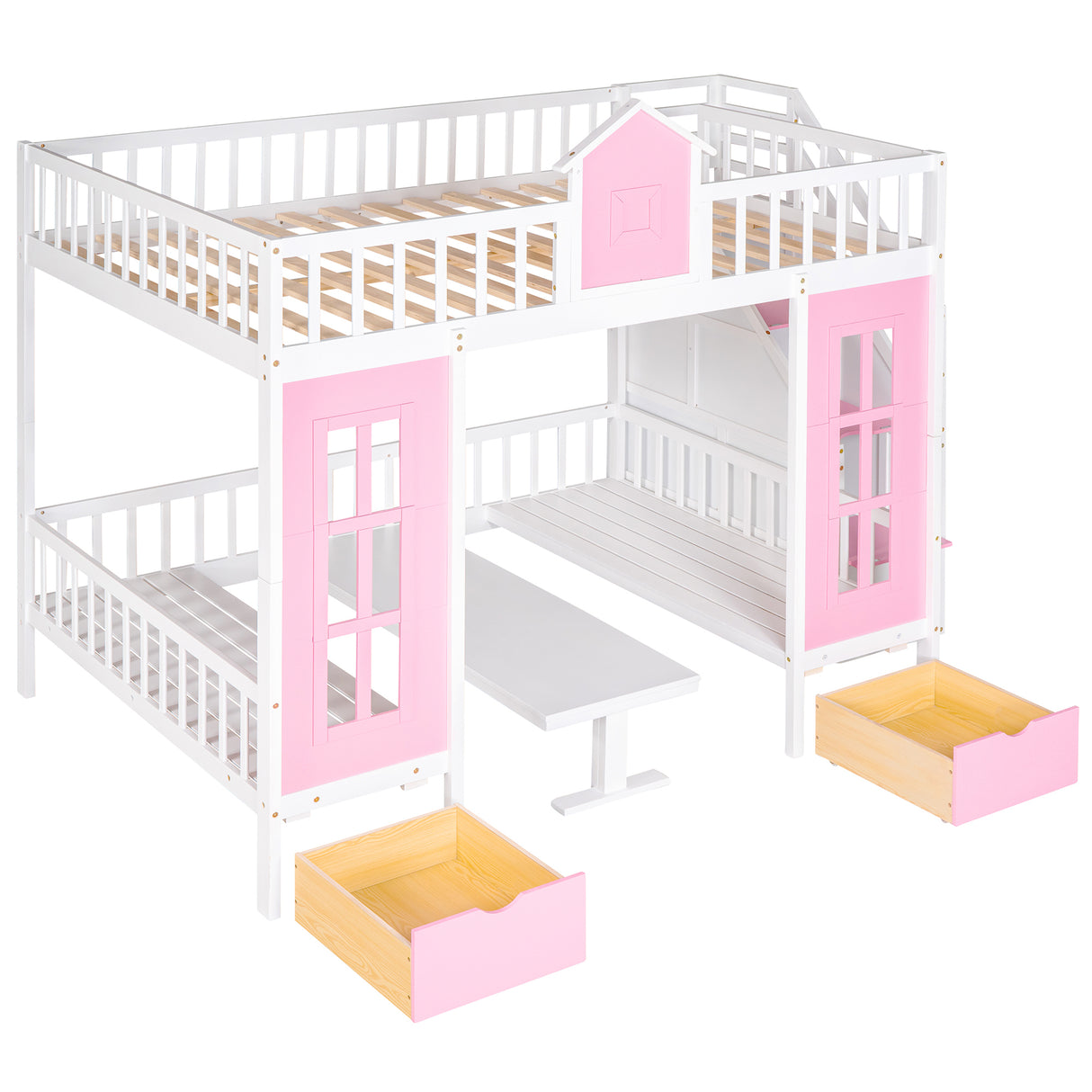 Full-Over-Full Bunk Bed with Changeable Table , Bunk Bed Turn into Upper Bed and Down Desk - Pink - Home Elegance USA