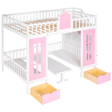 Full-Over-Full Bunk Bed with Changeable Table , Bunk Bed Turn into Upper Bed and Down Desk - Pink - Home Elegance USA