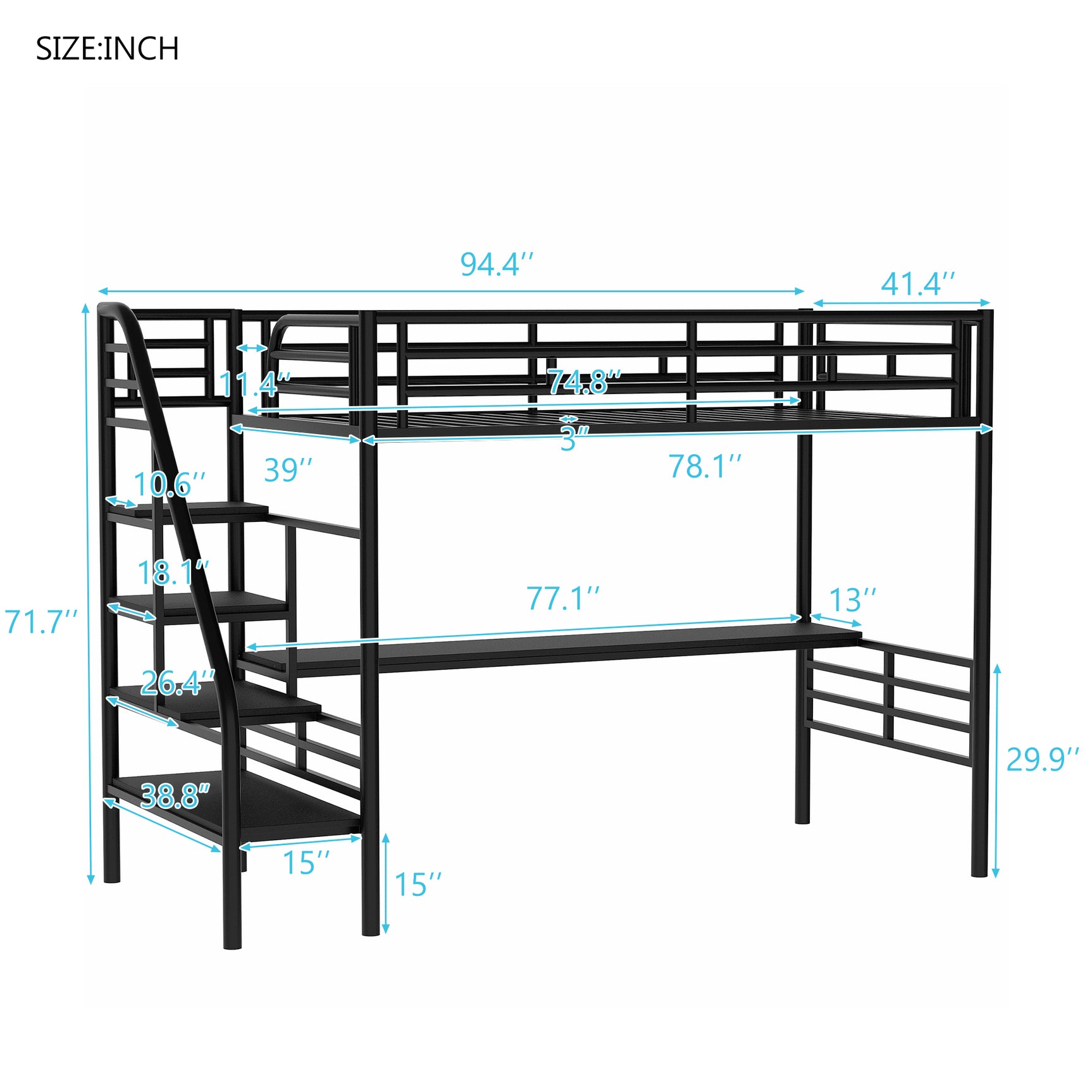 Metal Loft Bed Frame with Desk, No Box Spring Needed,Twin ,Black - Home Elegance USA