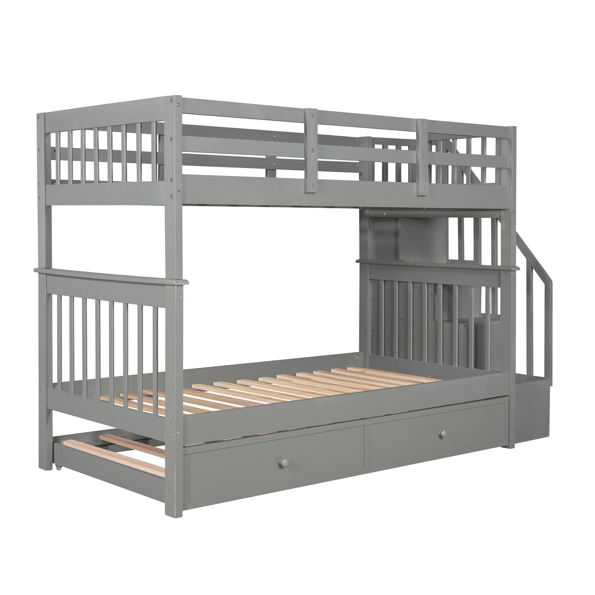 Stairway Twin-Over-Twin Bunk Bed with Twin size Trundle for Bedroom, Dorm, Adults, Gray( old sku: LP000209AAE ) - Home Elegance USA