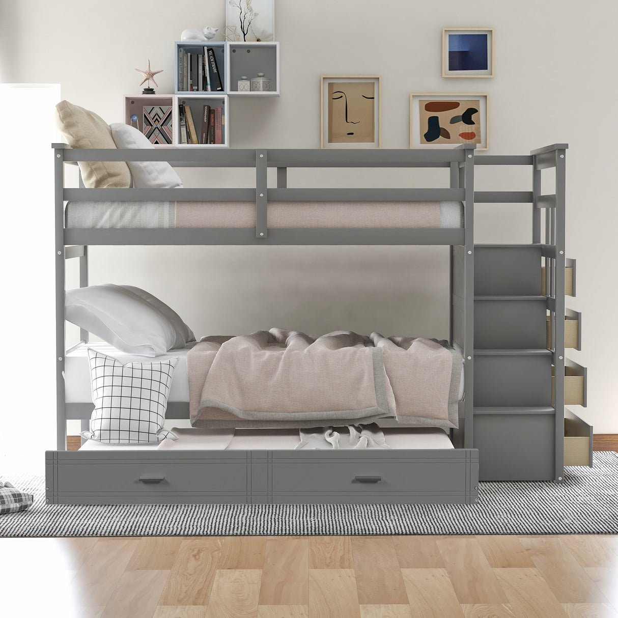 Solid Wood Bunk Bed, Hardwood Twin Over Twin Bunk Bed with Trundle and Staircase, Natural Gray Finish(Old SKU: LP000068AAE) - Home Elegance USA