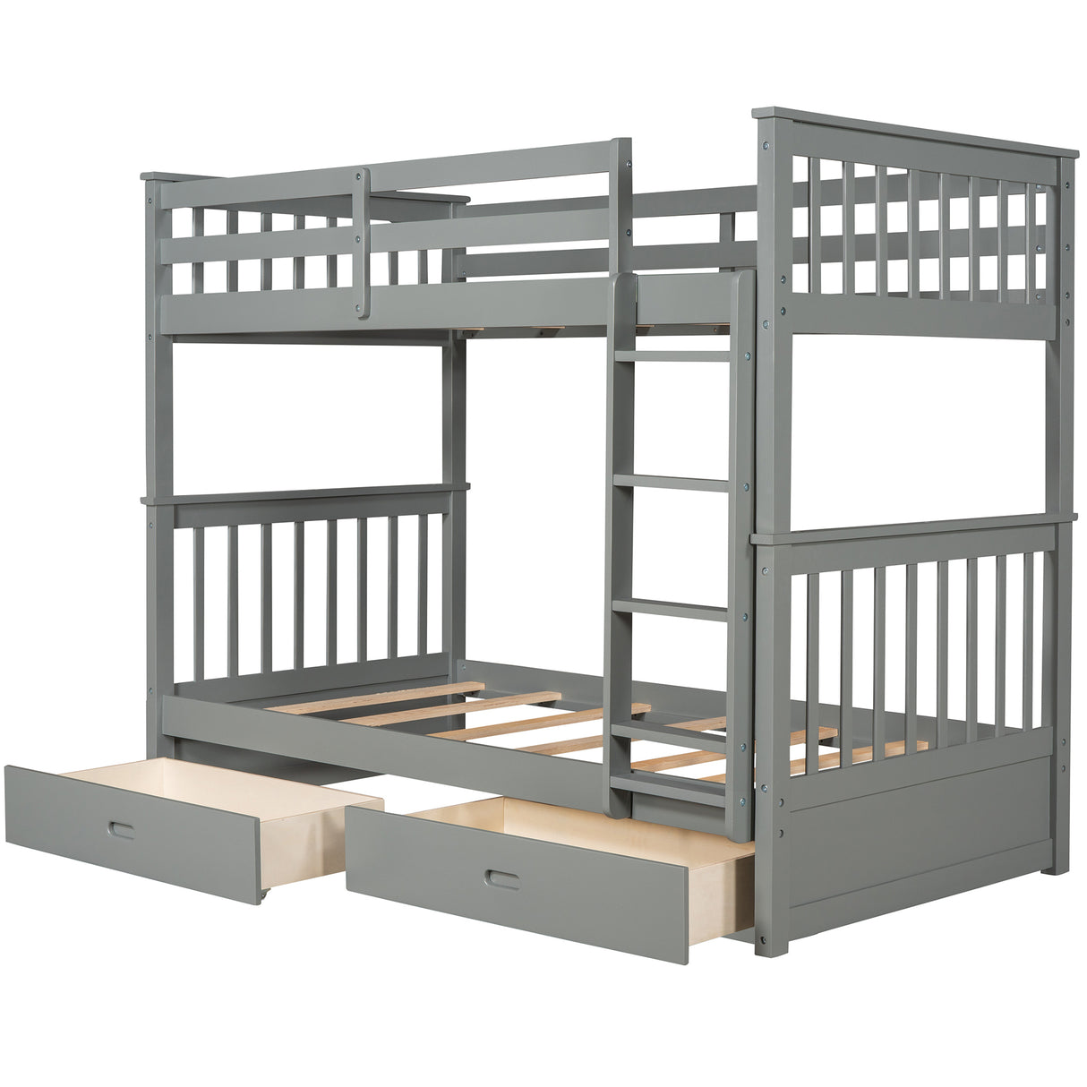 Twin-Over-Twin Bunk Bed with Ladders and Two Storage Drawers (Gray) - Home Elegance USA