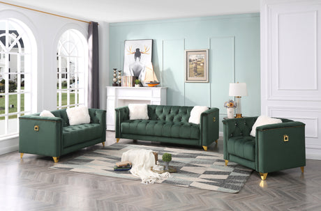 Russell Tufted Upholstery Sofa Finished in Velvet Fabric in Green Home Elegance USA