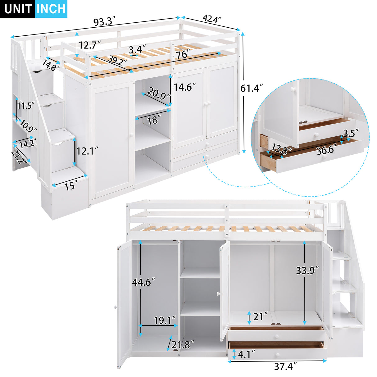 Functional Loft Bed with 3 Shelves, 2 Wardrobes and 2 Drawers,  Ladder with Storage, No Box Spring Needed, White - Home Elegance USA