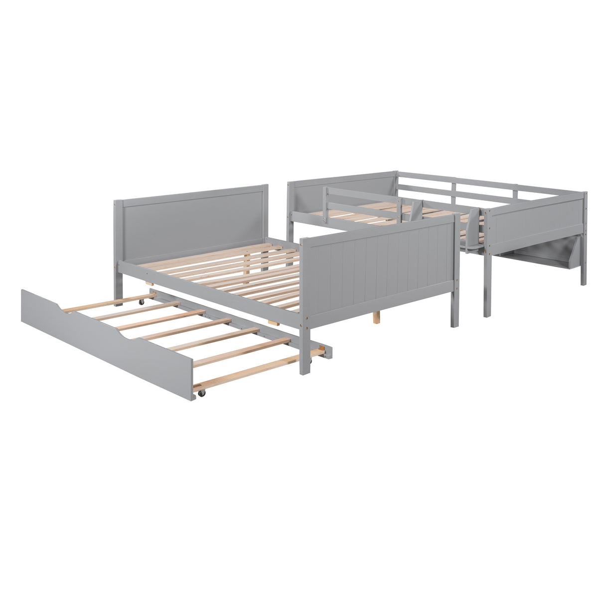 Full-Over-Full Bunk Bed with Twin size Trundle , Separable Bunk Bed with Bookshelf for Bedroom-Gray - Home Elegance USA