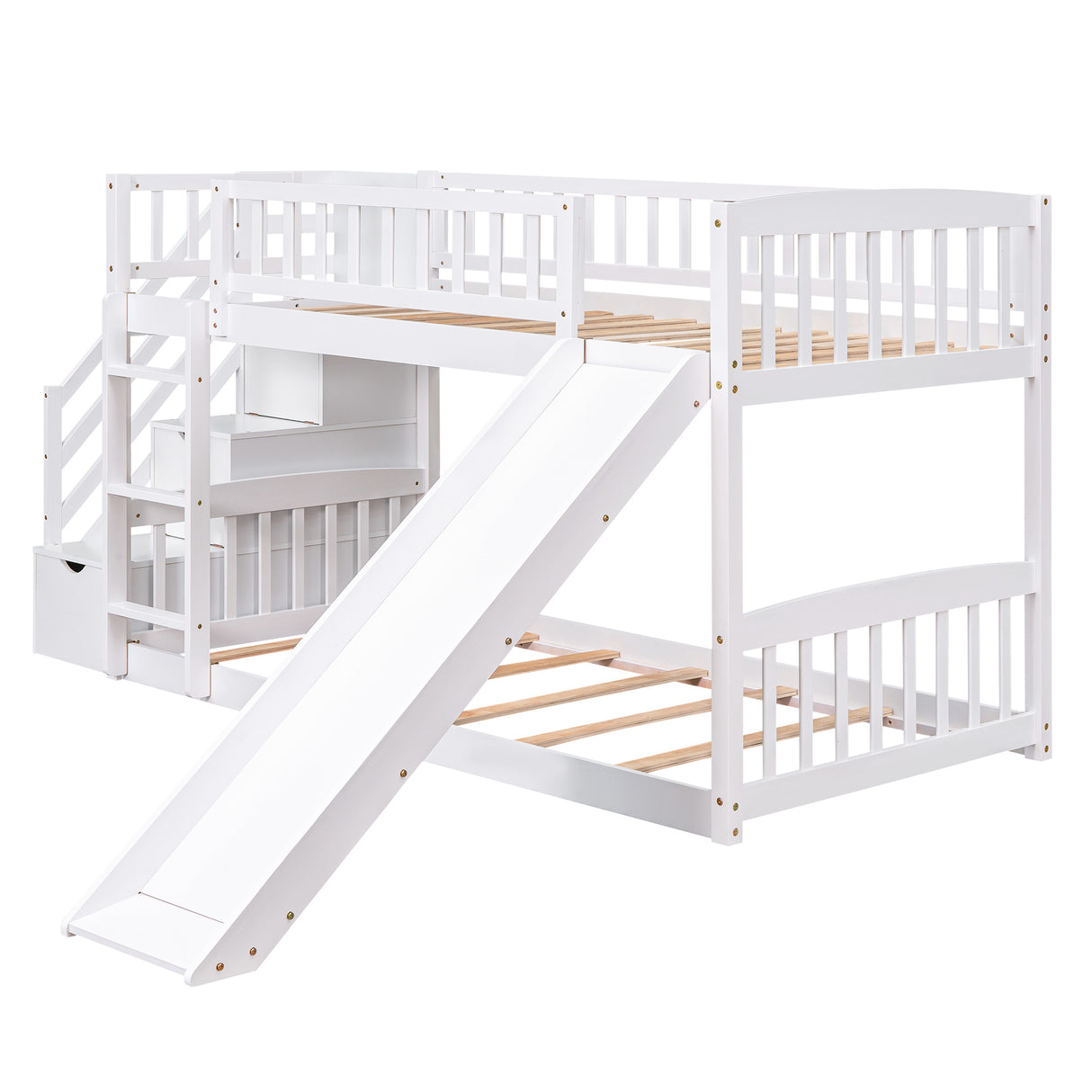 Stairway Twin over Twin Bunk Bed with Two Drawers and Slide, White(OLD SKU :LT000155AAK) - Home Elegance USA