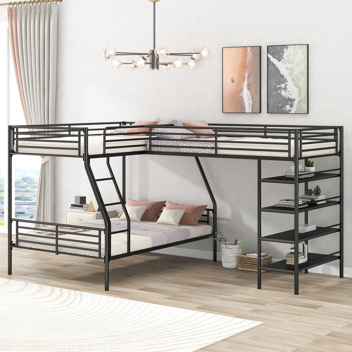 L-Shaped Metal Twin over Full Bunk Bed and Twin Size Loft Bed with Four Built-in Shelves,Black - Home Elegance USA