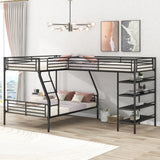 L-Shaped Metal Twin over Full Bunk Bed and Twin Size Loft Bed with Four Built-in Shelves,Black - Home Elegance USA