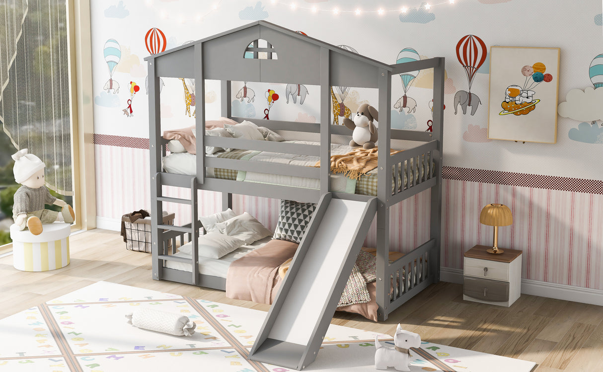 Twin over Twin House Bunk Bed with Convertible Slide and Ladder,Converts into 2 Separate Platform Beds,Gray - Home Elegance USA