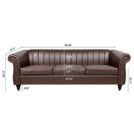 83.46'' Brown PU Rolled Arm Chesterfield Three Seater Sofa. - W68031446 - image - 9