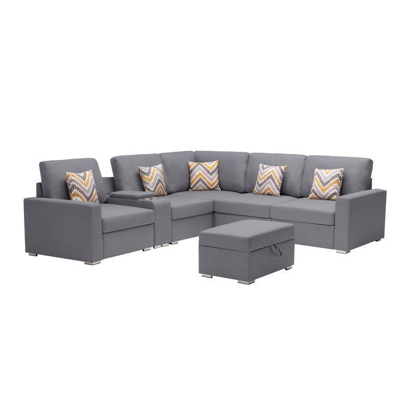 Nolan Gray Linen Fabric 7Pc Reversible Sectional Sofa with Interchangeable Legs, Pillows, Storage Ottoman, and a USB, Charging Ports, Cupholders, Storage Console Table - Home Elegance USA