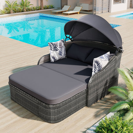 GO 79.9" Outdoor Sunbed with Adjustable Canopy, Double lounge, PE Rattan Daybed, Gray Wicker And Cushion