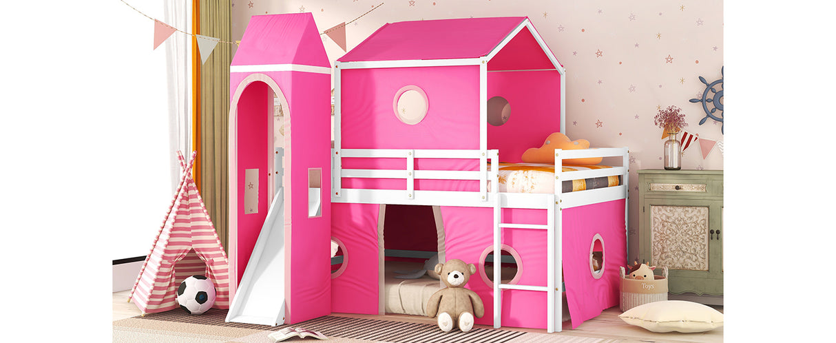 Full Size Bunk Bed with Slide Pink Tent and Tower - Pink - Home Elegance USA