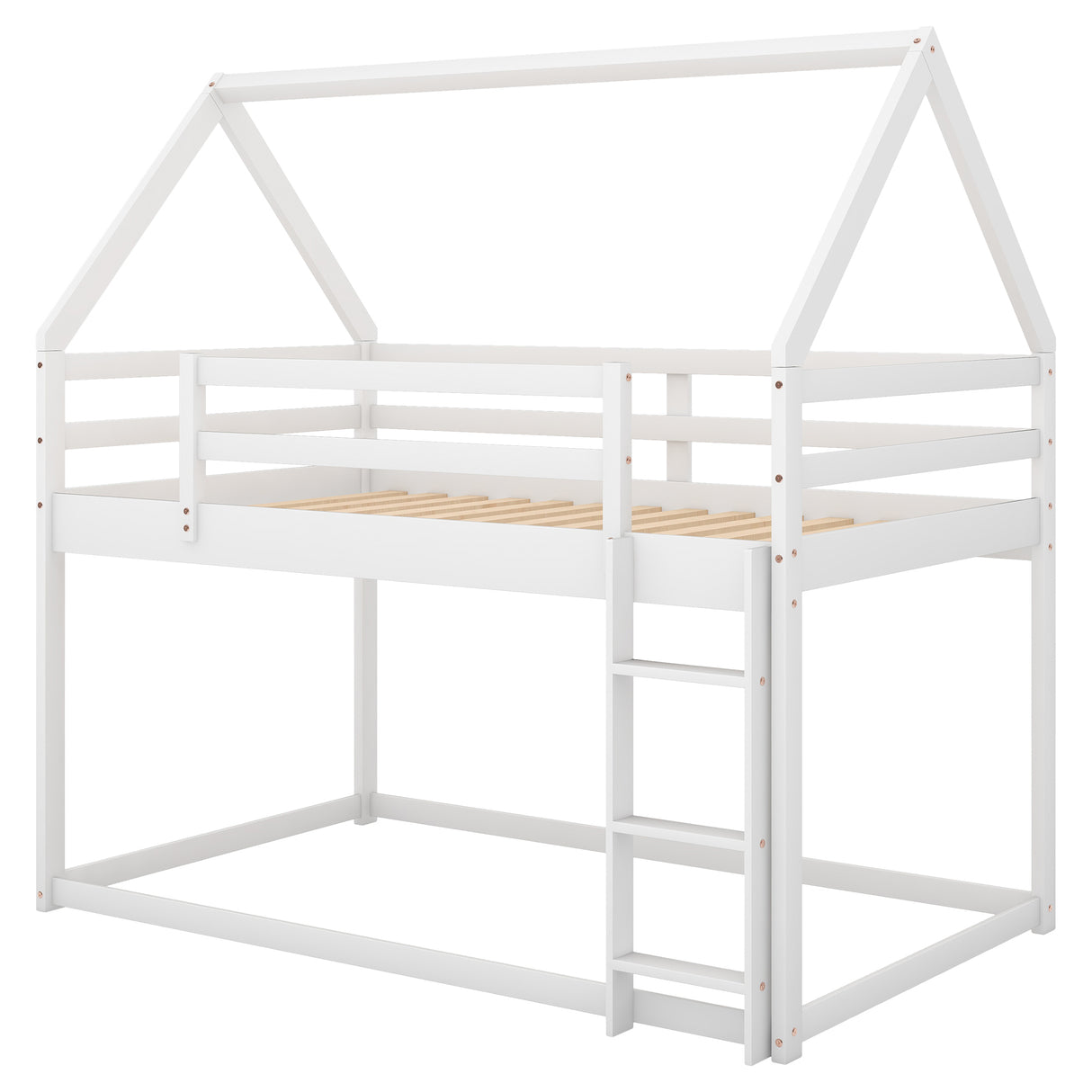 Twin over Twin Low Bunk Bed, House Bed with Ladder , White(OLD SKU:WF197808AAK) - Home Elegance USA