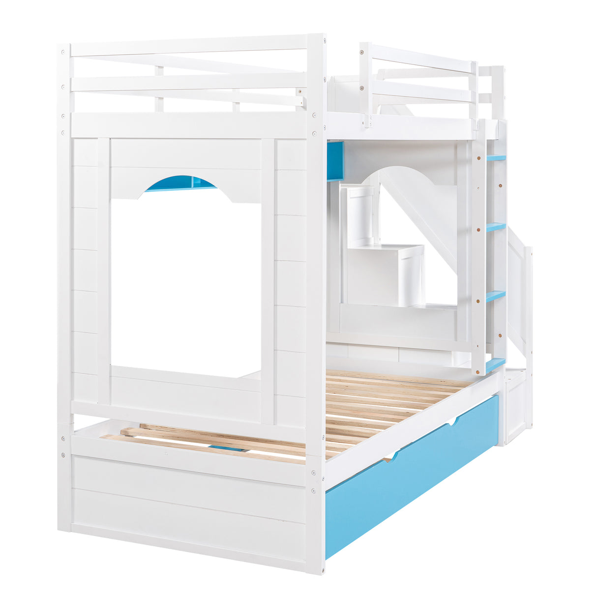 Twin Over Twin Bunk Bed with Trundle ,Stairs,Ladders Solid Wood Bunk bed with Storage Cabinet （White + Blue） - Home Elegance USA