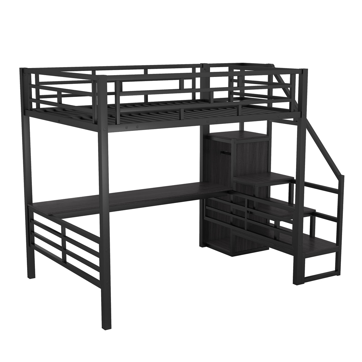 Full Size Metal Loft Bed with Desk, Storage Staircase and Small Wardrobe, Storage stairs can be installed left and right,Black - Home Elegance USA