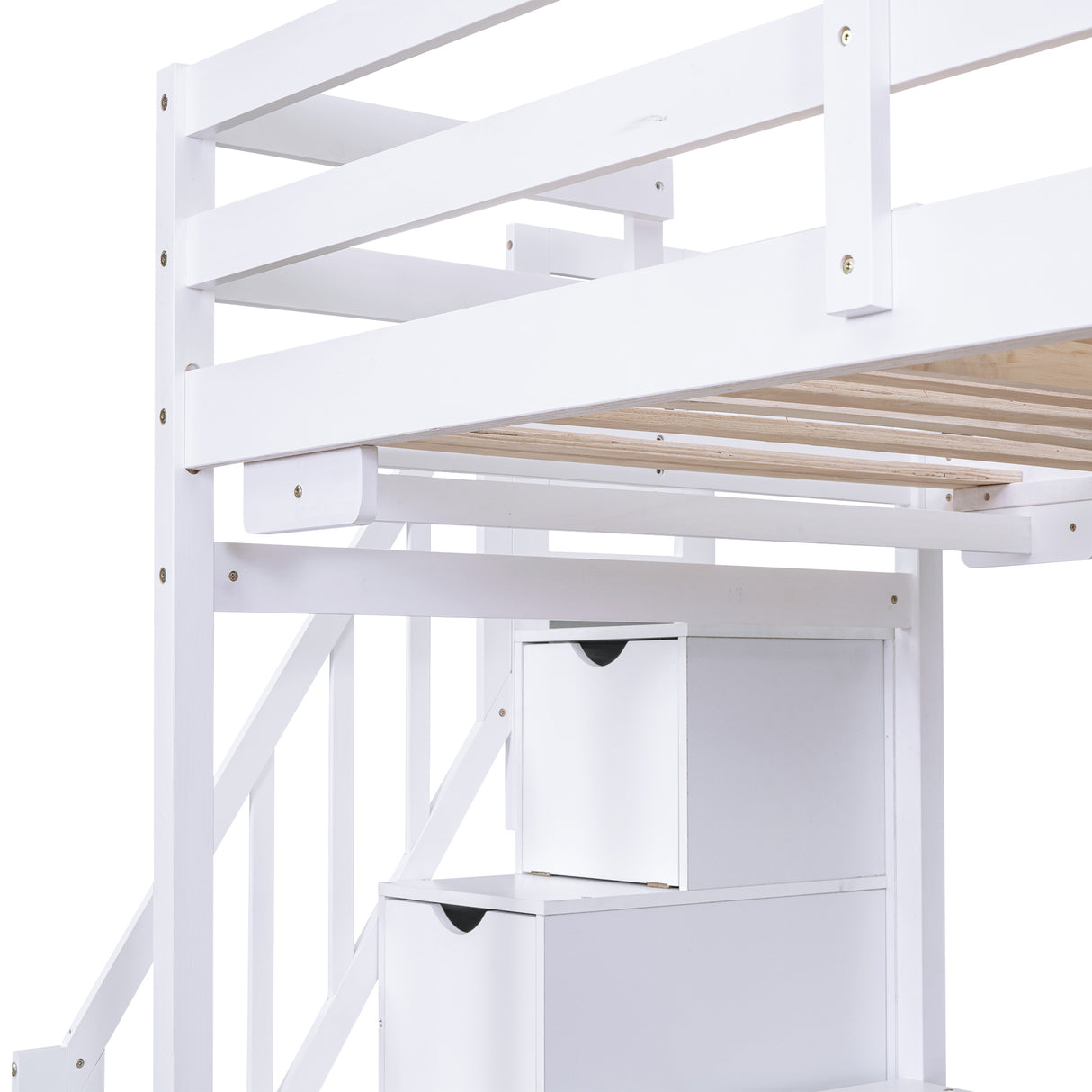 Twin over Full Bunk Bed with Storage Staircase, Desk, Shelves and Hanger for Clothes, White - Home Elegance USA